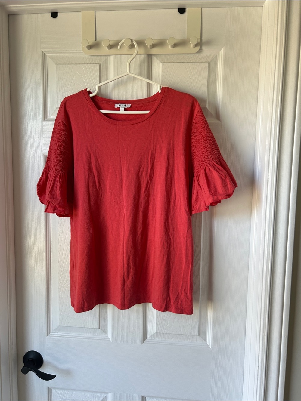Short-Sleeve Coral Puff-Sleeve Tee with Smocked Detail